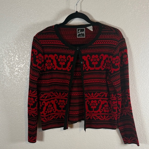 Lennie Nina Leonard Red & Black Cardigan Look Sweater Built In Shell Size Sm P - Picture 1 of 7